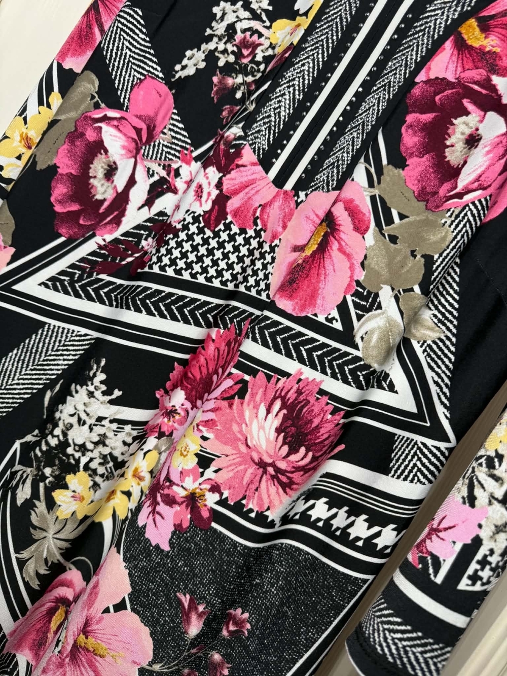 JM Collection Black V-Neck Tunic with Pink Floral Print